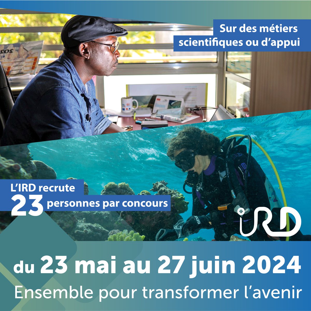 #IRDEmploi | 📢En 2024, l'#IRD recrute 23 ingénieurs et techniciens (F/H) par voie de concours externe !

📅Candidatures du 23 mai jusqu'au 27 juin 2024

🔗Infos, calendrier et inscriptions : ird.fr/lird-recrute-2…

#EnsemblePourDesSolutionsDurables #ScienceJob #ODD