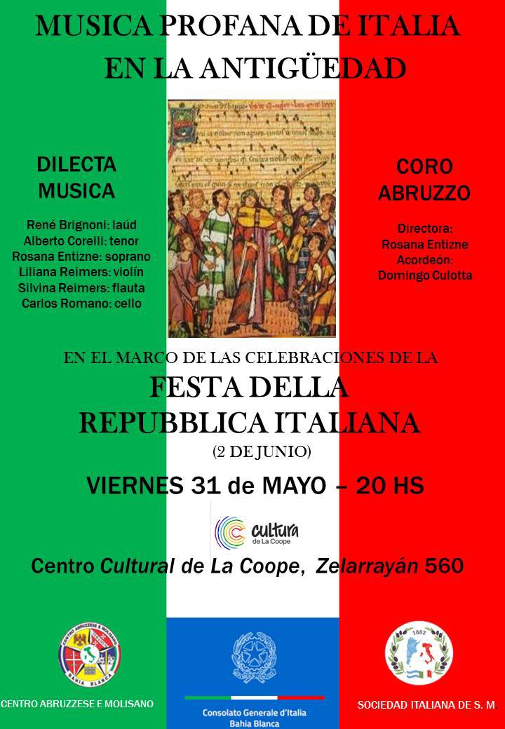 🇮🇹 Iniciamos las celebraciones de la Festa della Repubblica Italiana con un concierto de música italiana antigua. Sumate el 31 de Mayo 20.00hs, centro cultural de La Coope.

❗️Acceso gratuito

@LaCoopeAr 

#consolatobahiablanca #italianiallestero #consuladoitalia #bahiablanca