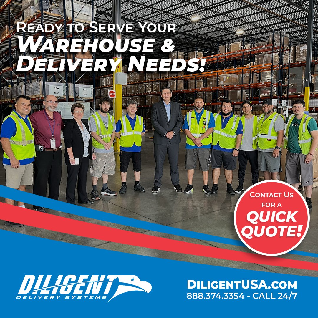 DiligentUSA's tweet image. At Diligent Delivery Systems, we're ready to handle all your warehouse and delivery needs with efficiency and care! Want to learn more about our services? Contact us today at diligentusa.com for a quick quote. 🚚📦 #WarehouseSolutions #DeliveryExperts #DiligentDelivery