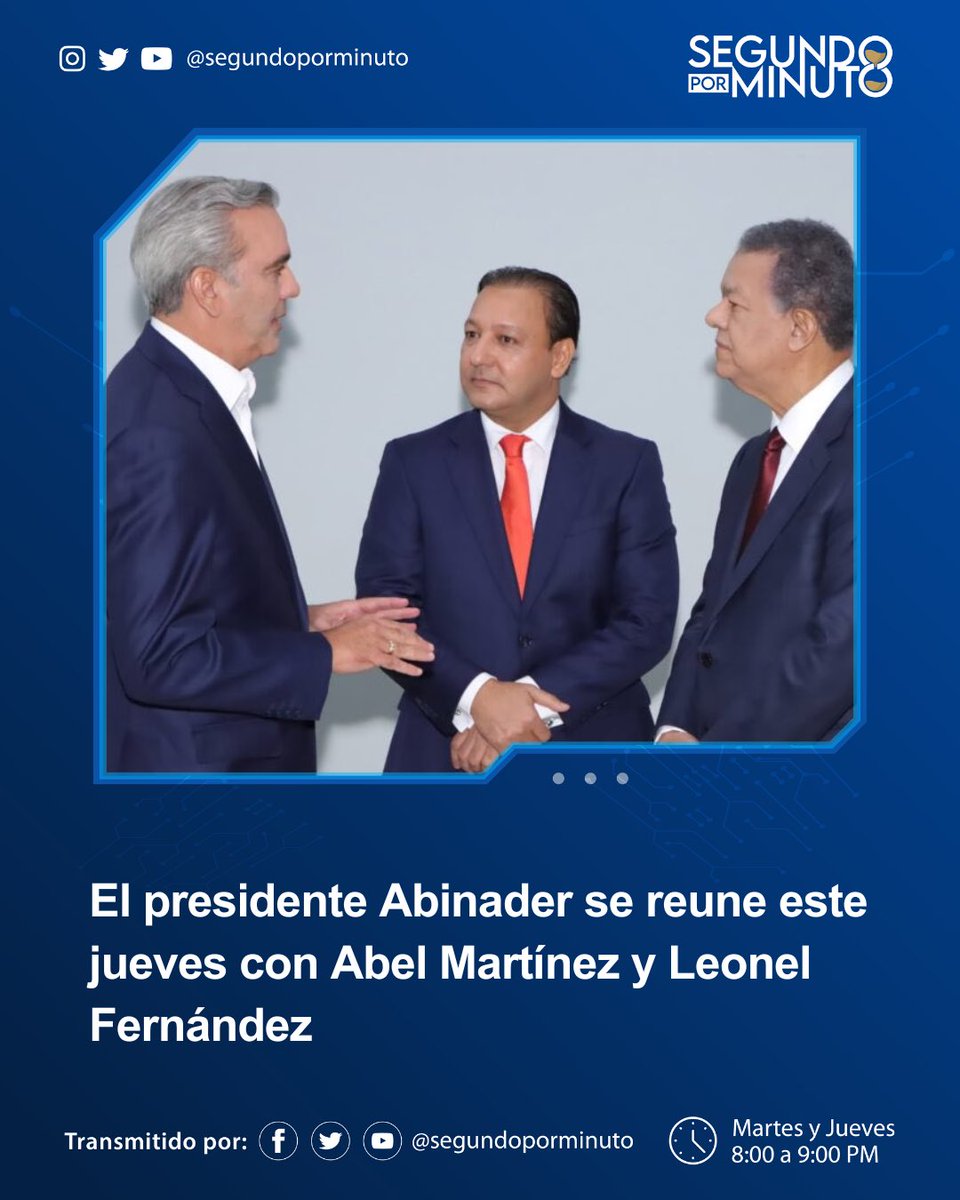 El presidente @luisabinader, se reunirá este jueves con @AbelMartinezD, del @PLDenlinea y @LeonelFernandez de la @FPcomunica, quienes fueron sus dos mayores oponentes por la nominación presidencial del país en las elecciones celebradas el pasado domingo.

#SXM 
#Reunión 
🧵