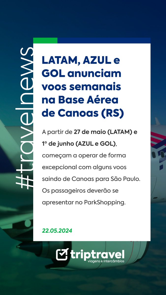 triptraveltur's tweet photo. 📢 A partir da próxima semana, base aérea de Canoas (RS) já conta com voos comerciais confirmados https://t.co/TuHUcdGZZs