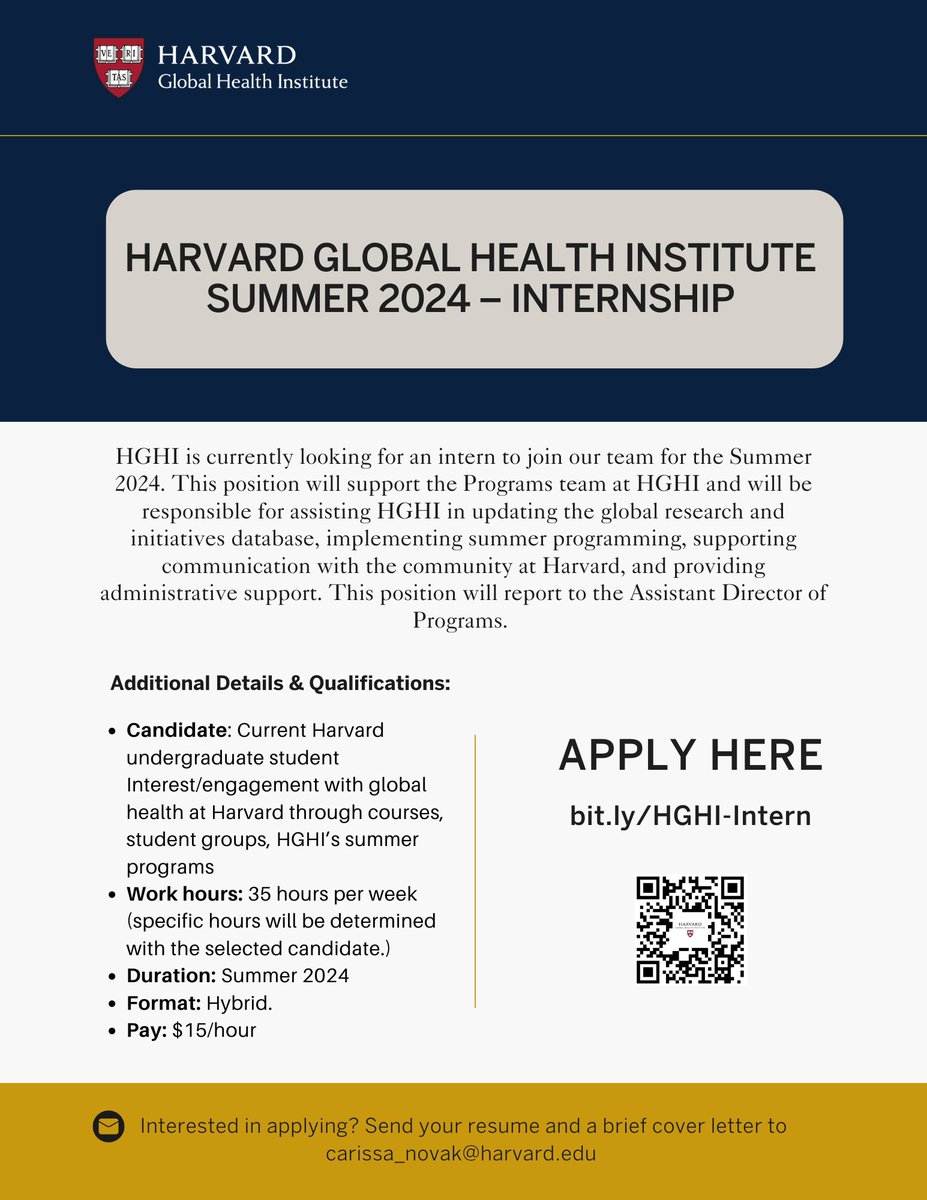 Apply now for this exciting opportunity! 🌟 HGHI is looking for a dedicated and passionate Harvard undergraduate intern to join our team for Summer 2024. Interested? Kindly send your resume and cover letter to carissa_novak@harvard.edu. 📌 Details: bit.ly/HGHI-Intern