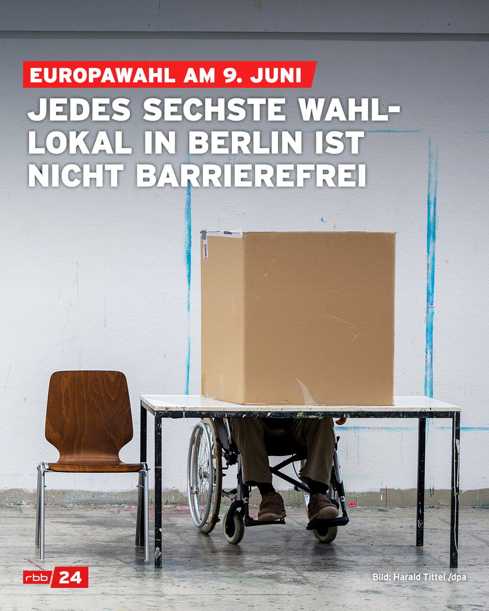 Zur bevorstehenden #Europawahl sind lediglich drei Viertel der Wahllokale in #Berlin komplett #barrierefrei. Für #mobilitätseingeschränkte Personen bleibt in manchen Fällen nur die #Briefwahl. Ob das jeweilige #Wahllokal barrierefrei ist, steht auf der #Wahlbenachrichtigung.