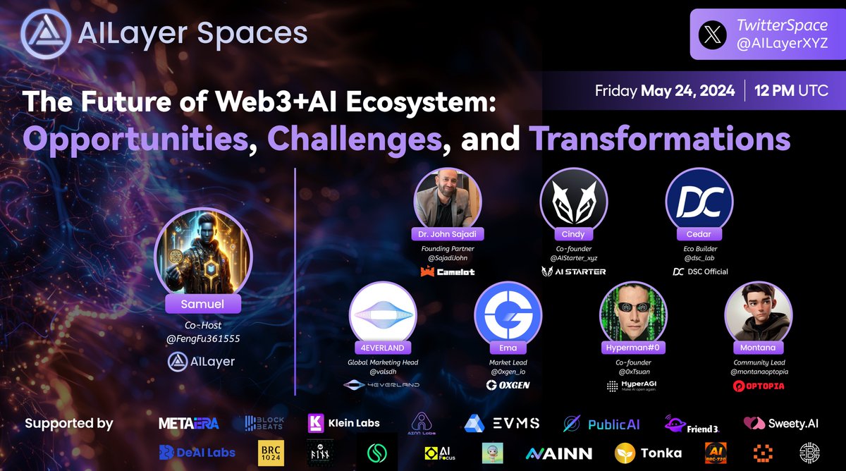 🎙️ Join Us on the Series of #AILayerSpaces! Explore the future of #Web3 + #AI with experts from innovative projects. 🗓️ May 24, 12:00 PM UTC 🔗 x.com/i/spaces/1mnGe… Hosted by Samuel from @AILayerXYZ Speakers: • Dr. John Sajadi from @CamelotLayer3 • Cindy from