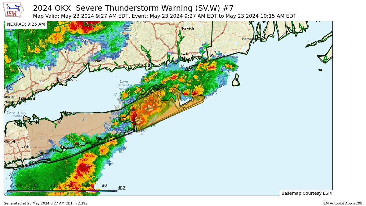 OKX issues Severe Thunderstorm Warning [wind: 60 MPH (RADAR INDICATED), hail: 1.00 IN (RADAR INDICATED)] for Suffolk [NY] till 10:15 AM EDT mesonet.agron.iastate.edu/vtec/f/2024-O-…