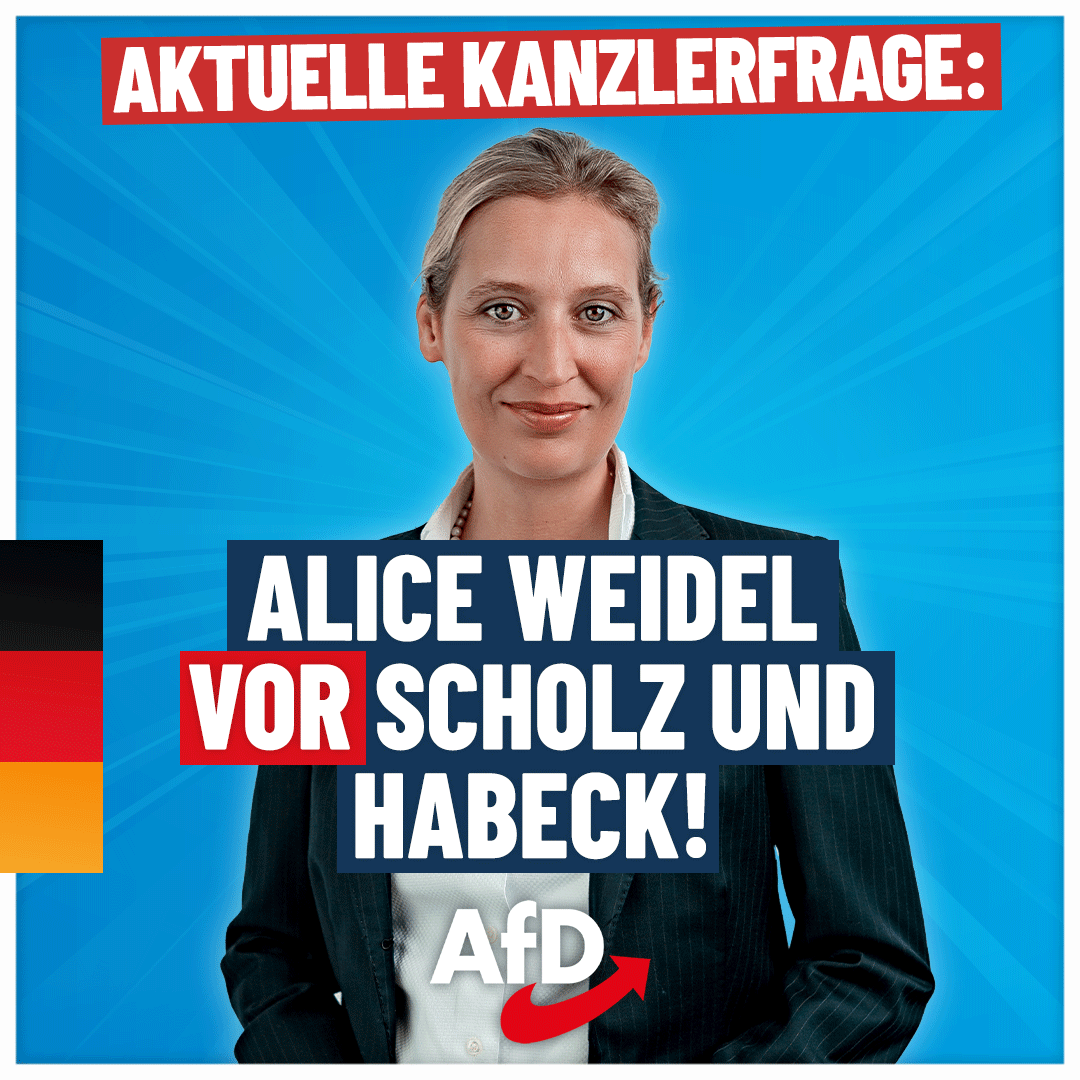 AfD's tweet photo. Kanzlerfrage: Alice #Weidel vor #Scholz und #Habeck!
 
Diese Ergebnisse des aktuellen #INSA-Meinungstrends können sich sehen lassen: Bei der Frage, wem die Bürger bei einer Kanzler-Direktwahl ihre Stimme geben würden, landet #AfD-Bundessprecherin @Alice_Weidel schon auf Platz zwei. Amtsträger Olaf Scholz (#SPD) und Vizekanzler Robert Habeck (#Grüne) liegen abgeschlagen hinter Weidel. Das zeigt: Die AfD wird über kurz oder lang zur Volkspartei Nummer eins werden. In der Tat wird es Zeit, dass das Kanzleramt blau wird, damit endlich eine Politik für die eigenen Bürger anstatt für fremde Interessen und illegale Migranten gemacht wird! #DeshalbAfD