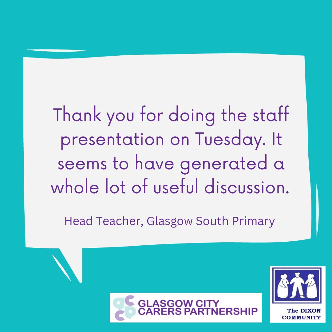 #ThankfulThursday

We appreciate the feedback we received from a Glasgow school that has made a #CarerAware commitment.

For information on how to support carers in your setting:
yoursupportglasgow.org/glasgow-homepa…

☎️ To discuss awareness-raising events in the South, call  0141 423 0728