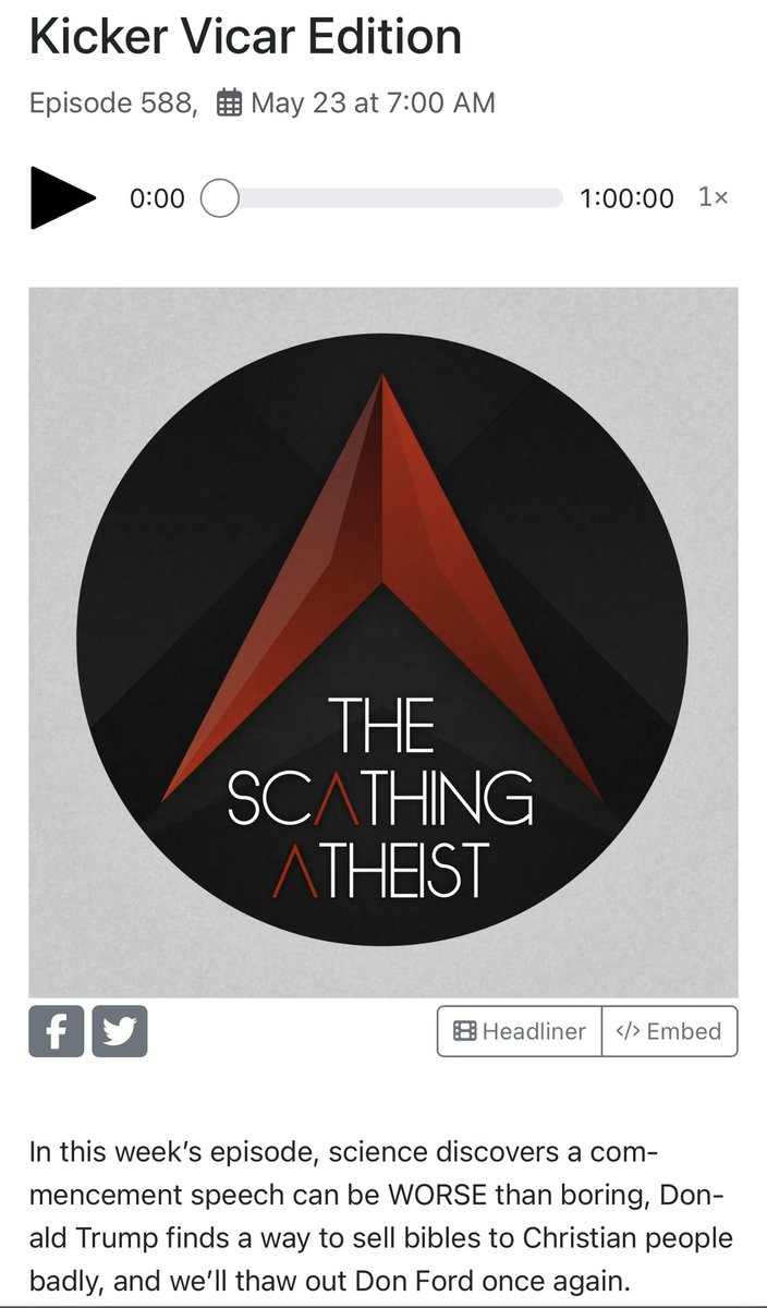 #ScathingAtheist 588 “Kicker Vicar Edition” 🔊: audioboom.com/posts/8510147-… In this week’s episode, science discovers a commencement speech can be WORSE than boring, Donald Trump finds a way to sell bibles to Christian people badly, and we’ll thaw out Don Ford once again.