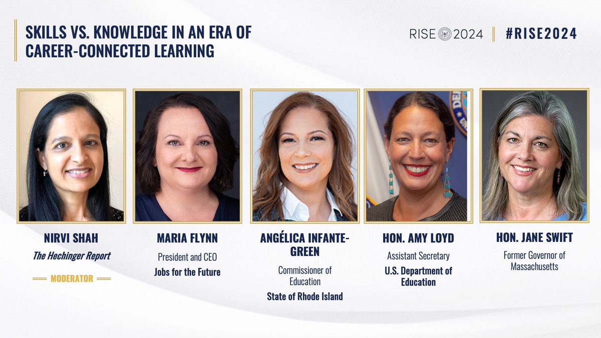 Panel 2: Skills vs. Knowledge in an Era of Career-Connected Learning Panelists: @jfftweets @MariaKFlynn @RIDeptEd's @AInfanteGreen @usedgov's @amyloyd1 Former Massachusetts Governor @janemswift Moderator: @hechingerreport's @NirviShah Watch live: youtube.com/watch?v=8W_-1g…