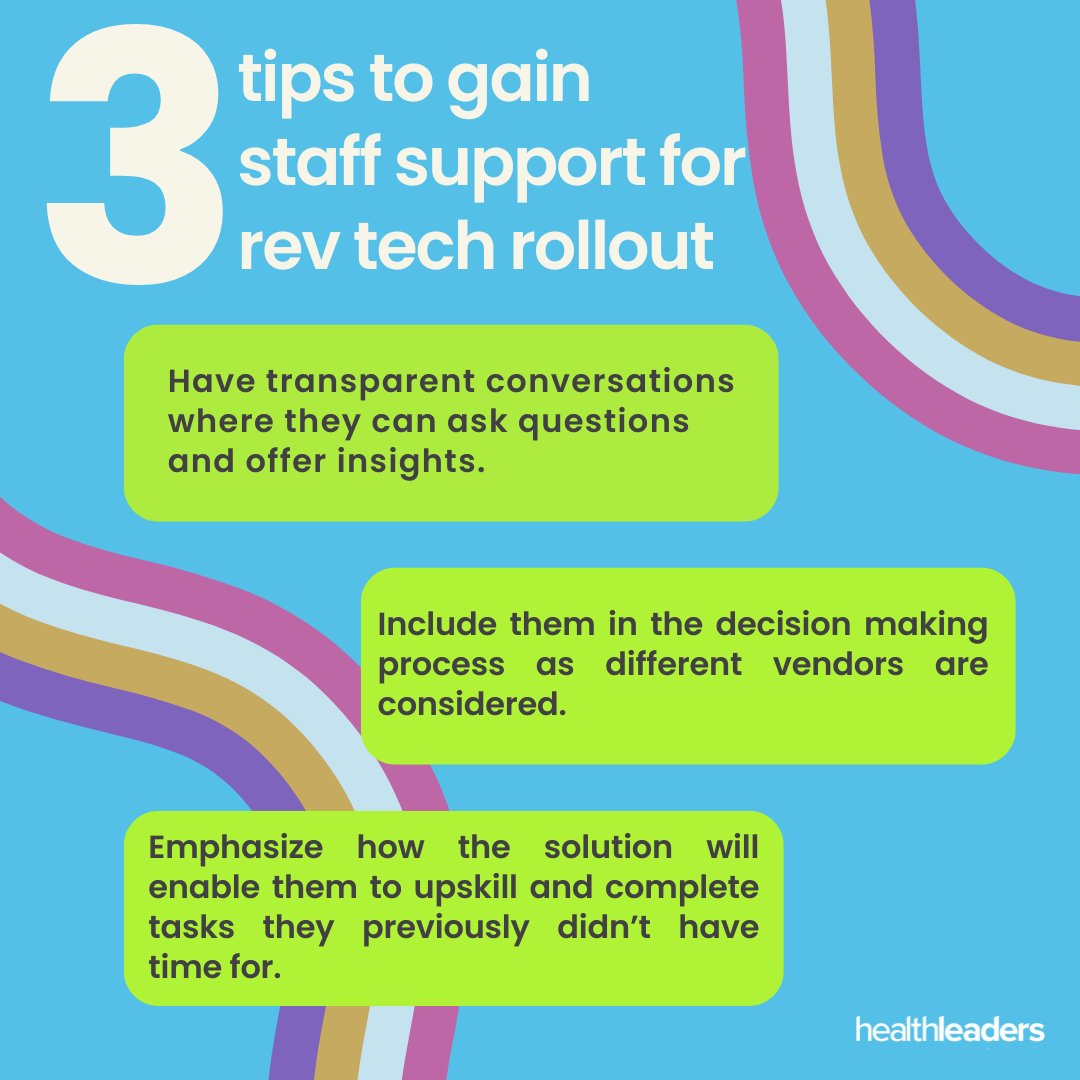 Getting #revenuecycle staff to buy-in to the implementation of new #technology can ensure a seamless rollout and increased #productivity in the future. Here are 3 #tips to gain staff support for a rev tech rollout: healthleadersmedia.com/revenue-cycle/…
