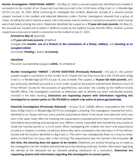 *UPDATE: #PWCPD detectives identified a second suspect, a male juvenile, who was arrested on May 22, in connection to the #murder of an 18-year-old man that occurred on Big Crest Ln. in #Woodbridge in July 2023. More info;