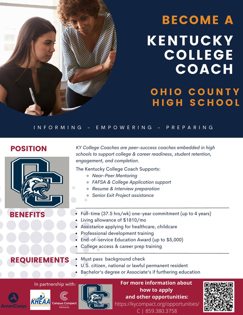 We want to hire for 2024-25 #OhioCountyHighSchool College Coach! Visit kycompact.org/opportunities for more info! #KentuckyCollegeCoaches #KyCC #EngageKY #AmeriCorps #GetThingsDone #Education #CollegeAccess #StudentSuccess #CommunityImpact