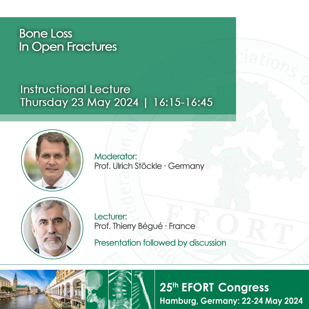 #EFORT2024 Instructional Lecture on ✴️ #Bone Loss In #OpenFractures today at 16:15 with Prof. Ulrich Stöckle & Prof. Thierry Bégué
More sessions🔎 congress.efort.org/advanced-scien…
#knee #bone #boneloss #fractures #traumasurgery #surgery #orthopaedics #orthopedics #surgeoneducation