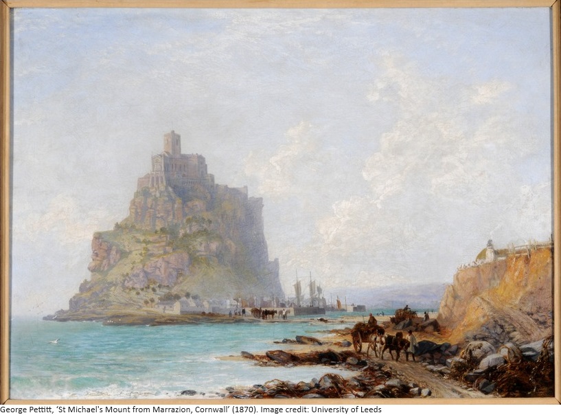 We’re celebrating #Cornwall and #CornishArt today for #OnlineArtExchange @artukdotorg for @PenleeHouse We've taken a trip to St Michael's Mount! We love R. Holland's warm sandy tones and reflective waters, and the dreamy quality of peering through the clouds in George Pettitt’s