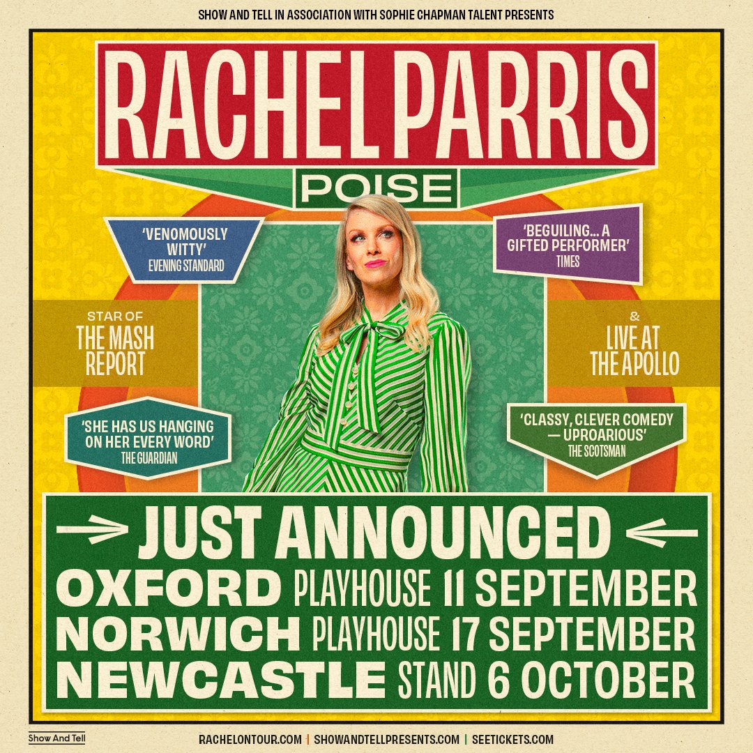 Big news... @rachelsvparris’s tour is now coming to OXFORD, NORWICH and NEWCASTLE! Expect Rachel’s signature blend of stand-up and songs as she comes to a city near you 🙌 🎟️ Norwich on sale 31 May, Oxford on sale 4 June. showandtellpresents.com/events/rachel-… 📷 @pushgilbey