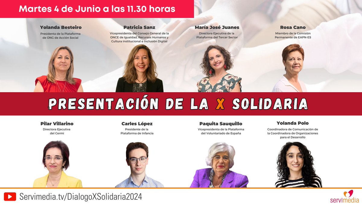 🗓️El 4 de junio a las 11:30, @Servimedia hablará de la importancia de marcar la @XSolidaria.

👥Con @Cermi_Estatal, @ONCE_oficial, @EAPNes, #PlataformaDeONG, @Plataforma3sect, @platdeinfancia, @pvoluntariado , @CoordiONGD, @MayoresUDP y @Autismo_Espana 

plataformaong.org/noticias/4075/…