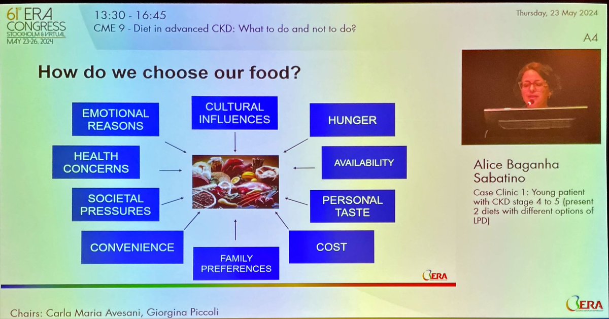 Great practical session on diet and CKD. Probably my favorite part, “how do we choose a diet for a patient? We don’t, at least not alone; it’s really a collaboration between the patient, even family members, and the clinicians.” Food choices are driven by a lot of factors #ERA24
