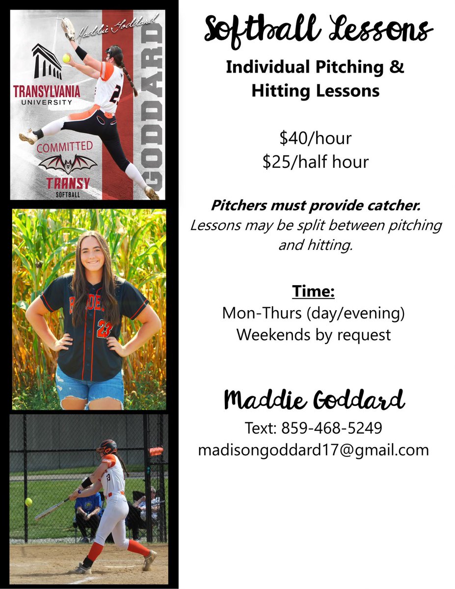 Excited to start giving pitching &amp; hitting  lessons this summer! Looking to help players improve their abilities (both physically and mentally) and help them reach their goals! 

Please text or email me for more information! 🥎

<a href="/MBOdom10/">Mary Beth Odom</a> <a href="/firstup13/">chris young</a> <a href="/scan1ansports/">ꜱᴄᴀɴʟᴀɴ ꜱᴘᴏʀᴛꜱ™️</a> <a href="/Jschu1313/">Jason Schuster</a>
