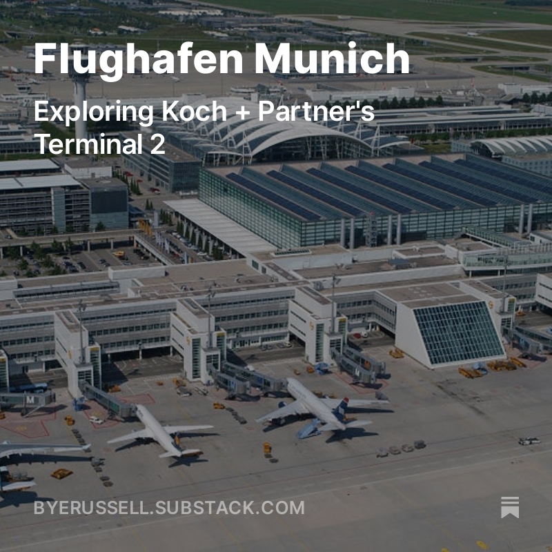 “Among the most important design tasks was to convey clarity, a logical organization of routes, [and] ease of orientation,' wrote Norbert Koch of Koch + Partner on the firm's design for Terminal 2 at @MUC_Airport. Read more: byerussell.substack.com/p/flughafen-mu…