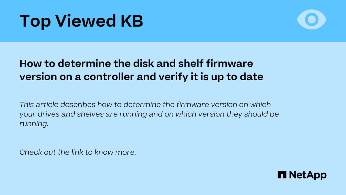 NetAppAssist's tweet photo. Check out this top viewed KB article to determine and verify if the disk and shelf firmware version is up to date.
Read more: https://t.co/9gNUgusxNT
@NetApp #ontap #diskdrive #firmware https://t.co/RnI8tWtfU0