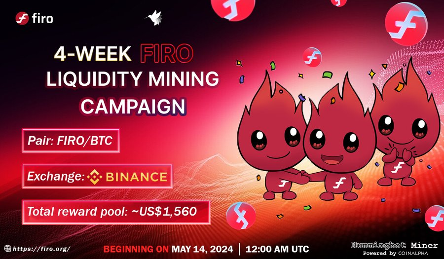 💥 @firoorg Liquidity quest over at @_hummingbot just got a time extension!

💥 Earn up to approximately US$1,560 ( $FIRO 248 per week) from a reward pool by adding liquidity to the $FIRO/ $BTC pair

💡 #FIRO is a privacy-focused #cryptocurrency that utilizes zero-knowledge