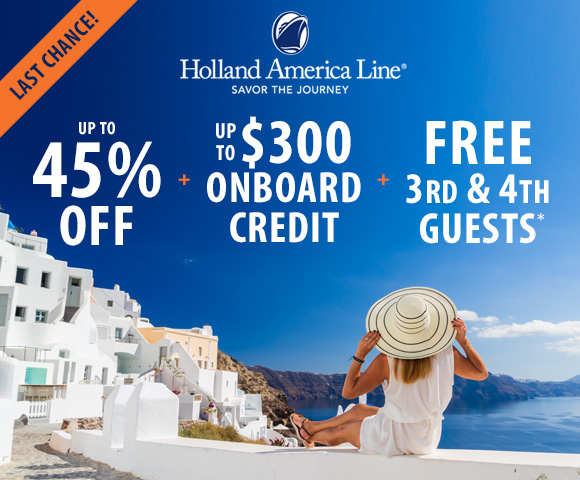 TheCruiseWeb's tweet image. LAST CHANCE! ⭐ Get up to 45% OFF + up to $300 OBC + FREE 3rd &amp;amp; 4th Guests for Holland America Line! ⭐ PLAN WITH OUR TRAVEL EXPERTS: choose.cruiseweb.com/l/304141/2024-… #HALcruises #cruising #vacation #travel