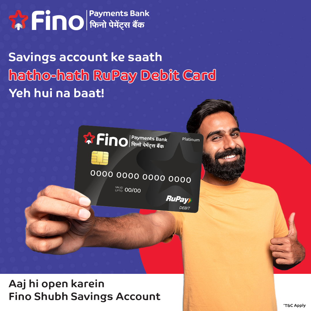 Fino Shubh Savings Account kholne par pao Platinum RuPay Debit Card hatho haath. Aur bhi kayi saare benefits. Account kholne ke liye, missed Call dein 7877788977 par ya link click karein bit.ly/4bOuHR7 #FinoPaymentsBank #FikarNot #FinoBanker #DigitalBanking