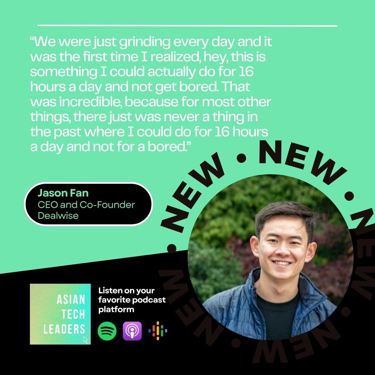 🌱Thrilled to finally share the latest podcast with <a href="/jfan001/">Jason Fan</a>  CEO and Co-Founder of @godealwise, an innovative M&amp;A advisor for start-ups.  

We cover a broad array of topics from why he pivoted away from an AI-centric to start Dealwise, how he knew early on that he wanted to work