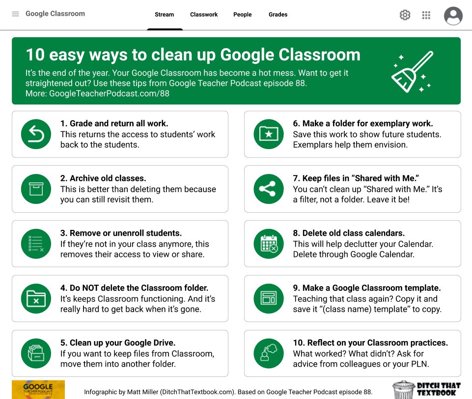 Here are some great EOY #GoogleClassroom tips from @jmattmiller! I especially love the idea of creating a folder for exemplary work. bit.ly/44Vs8KP