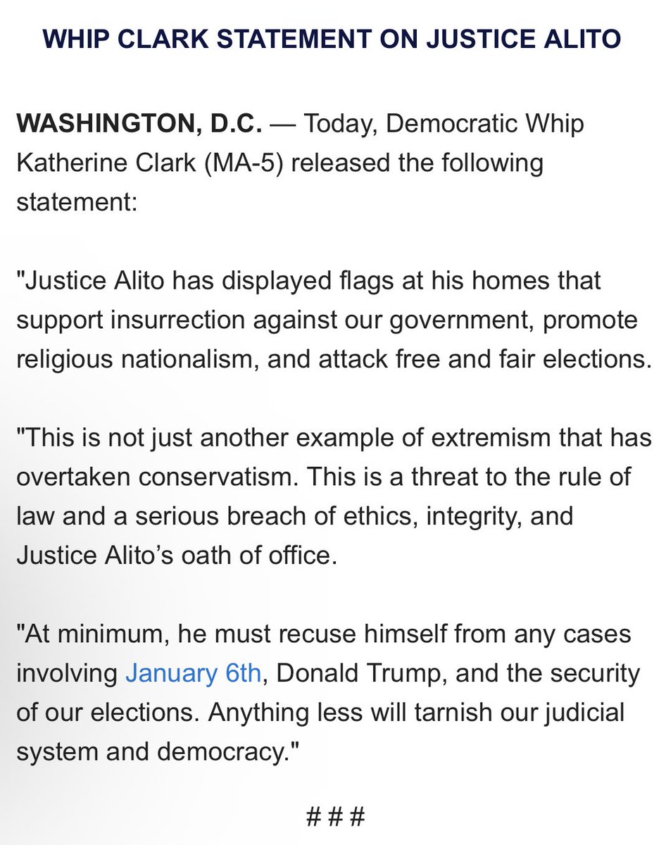 #2 House Democrat @WhipKClark: “Justice Alito has displayed flags at his homes that support insurrection against our government, promote religious nationalism, and attack free and fair elections.” She calls on him to recuse from J6, Trump and election security cases at “minimum.”