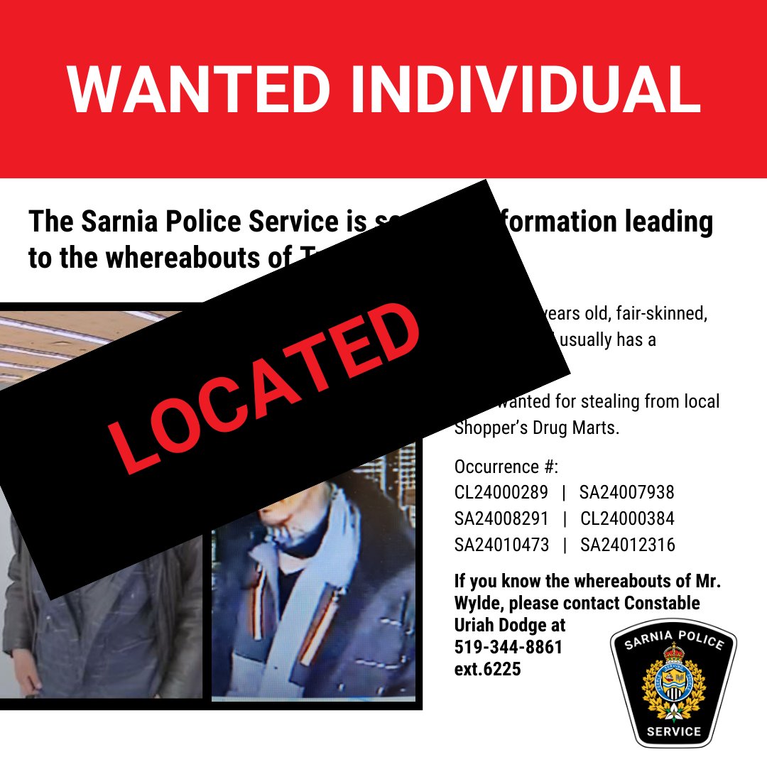 The Sarnia Police Service would like to thank the public for their assistance in locating this individual.

#SarniaPolice #WantedWednesday #CommunityCrimeUnit