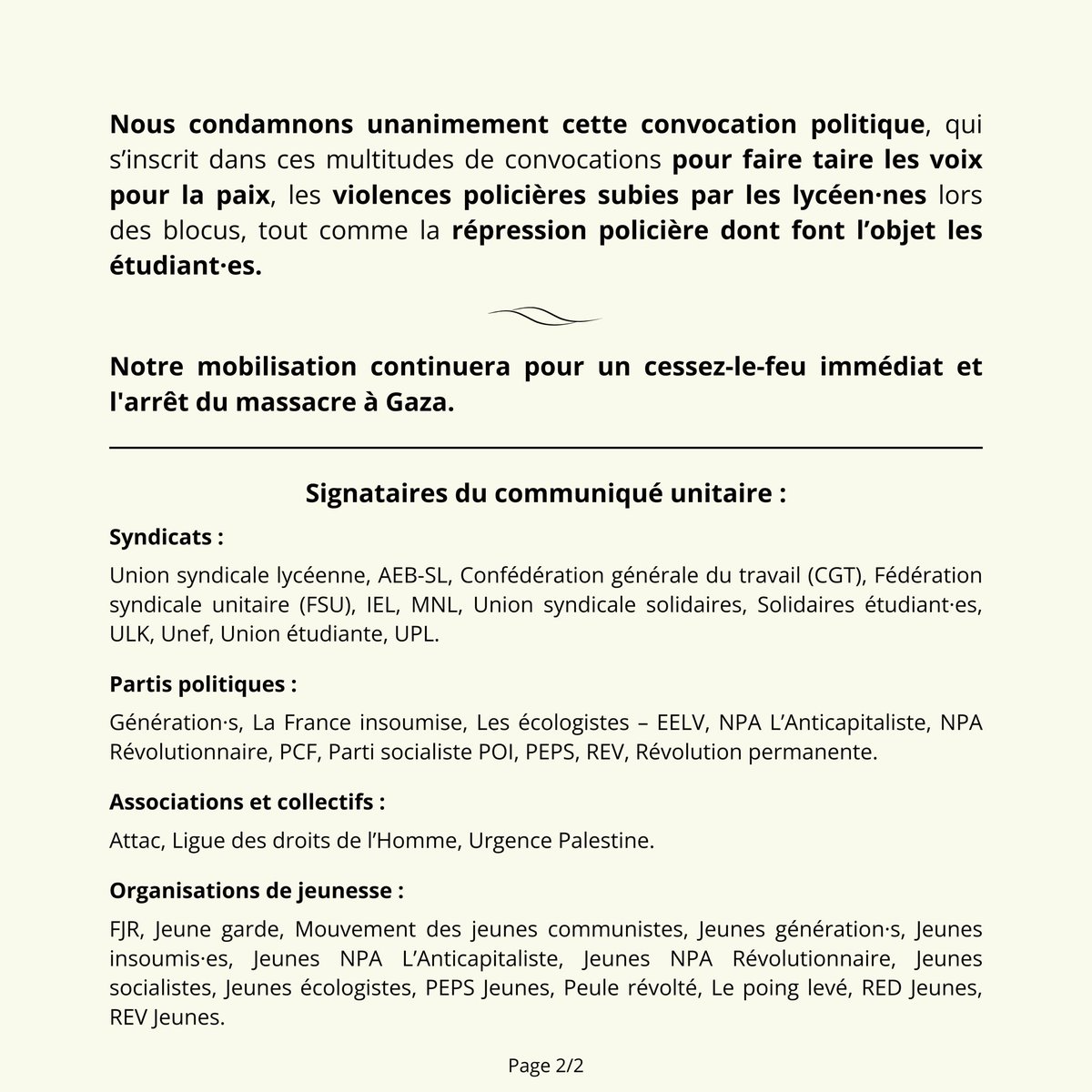 🔴 LA RÉPRESSION S’ACCENTUE !

Aux côtés de 40 organisations de gauche, nous dénonçons la répression subie par les lycéen·nes de Maurice Genevoix, et notamment la convocation de police reçue par notre président <a href="/gThomasAlves/">Gwenn Thomas-Alves</a>.

Malgré la répression, la lutte pour #Gaza continue !