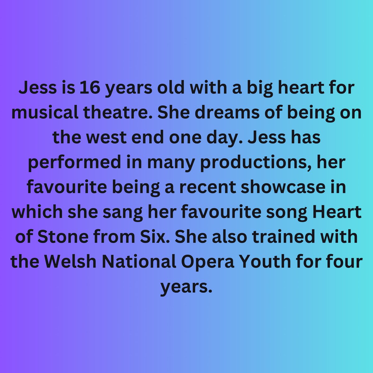 INTRODUCING

Jessica Christian-Noonan 

This will be Jess’ first professional performance. Looking to wow the audience with her favourite musical theatre numbers.

#genz #treorchy #livemusic #musicaltheatre