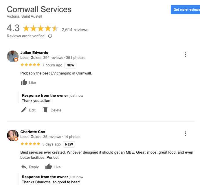 ⭐️⭐️⭐️⭐️⭐️Two 5 star reviews for Cornwall Services on Google this week. Well done team!😊👏
- "Probably the best EV charging in Cornwall."
- "Best services ever created. Whoever designed it should get an MBE. Great shops, great food, and even better facilities. Perfect."