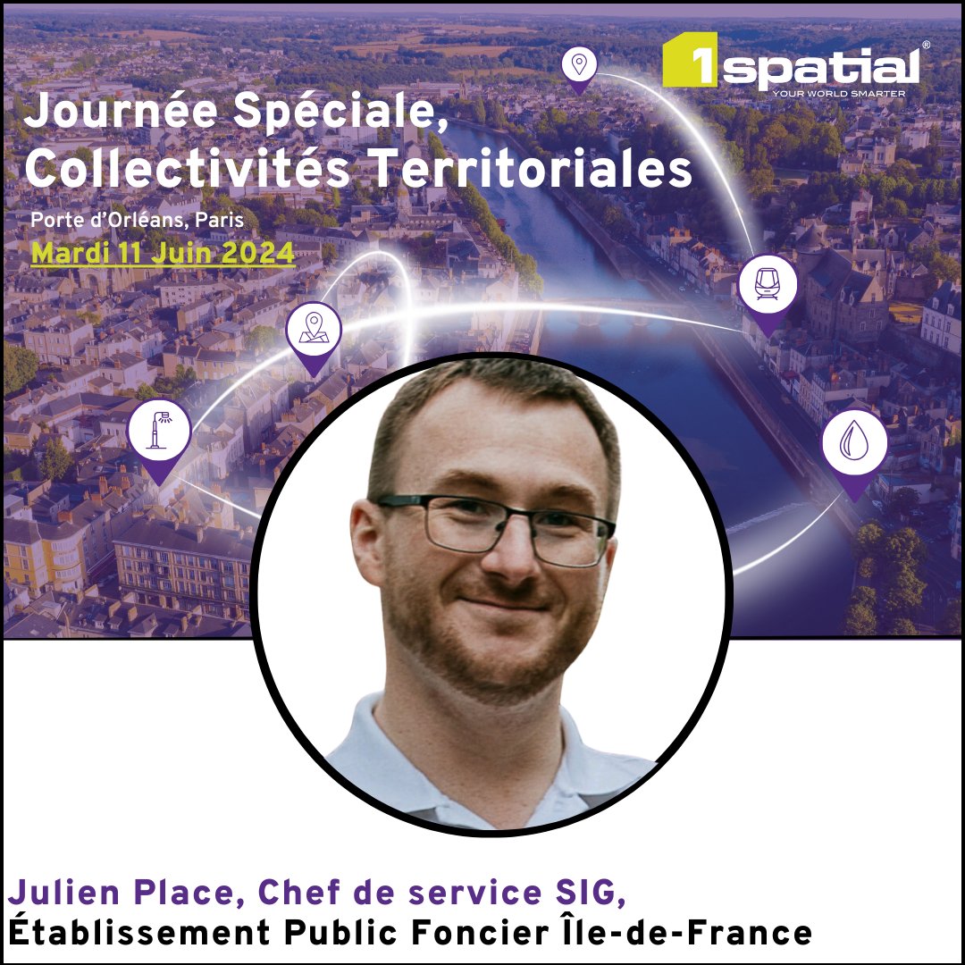 Venez écouter Julien Place, Chef de service SIG de l’Établissement Public Foncier d’Île de France,  qui interviendra lors de notre journée Spéciale Collectivités Territoriales à Paris, Porte d’Orléans le 11 juin.

Inscrivez-vous : 1spatial.com/fr/news-evenem…