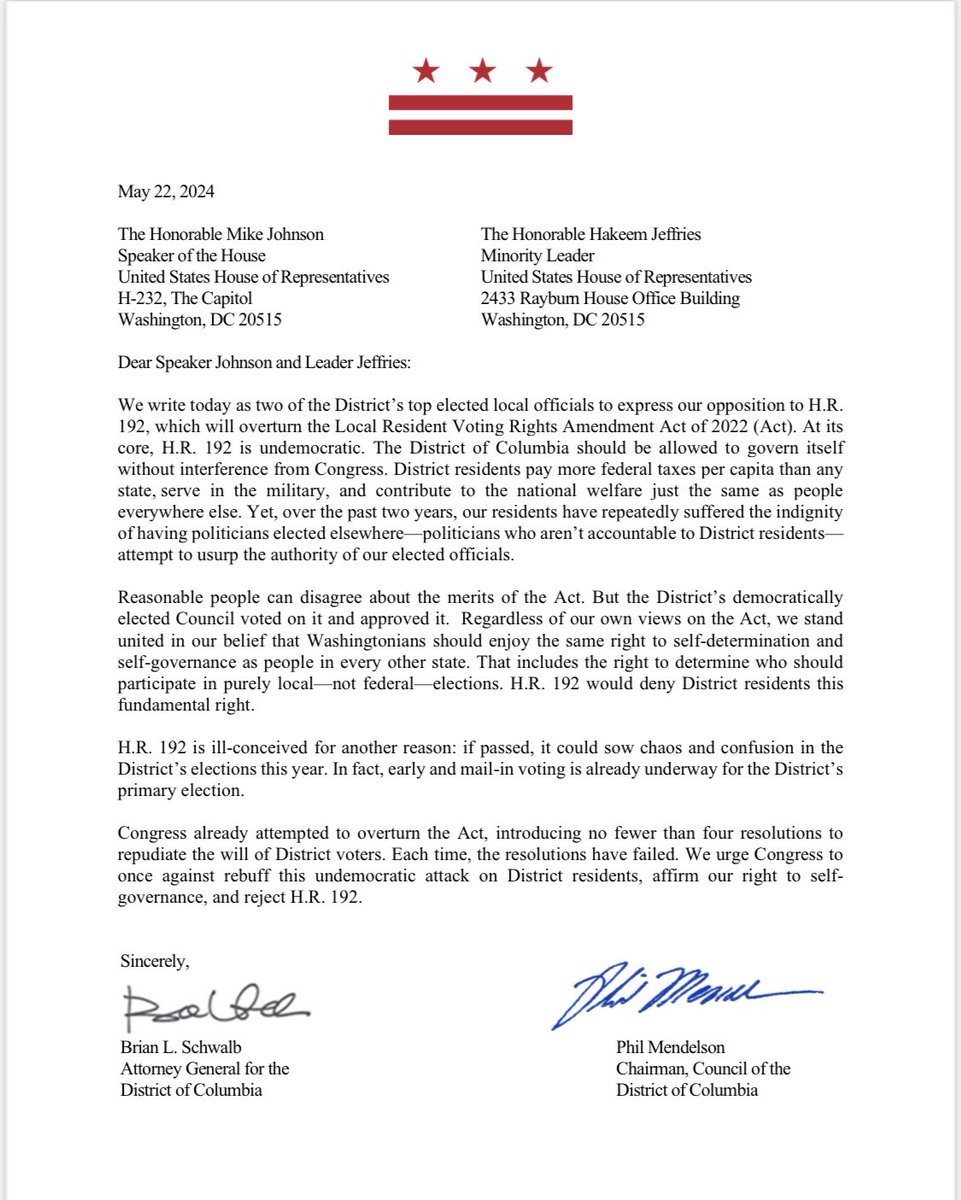 Schwalb and Mendelson sent a letter to House leadership opposing bill being voted on today to repeal the DC law allowing noncitizens to vote in local elections. No signature from Bowser.