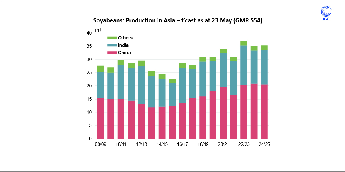 Global #soybean output could reach a fresh #peak in 2024/25, led by bigger outturns in key #producers. #India’s crop is expected to expand y/y on indications for normal monsoon rains, while #production in #China could fall moderately amid reduced acreage.