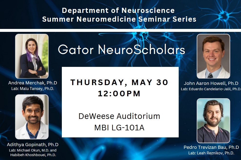 UFMBI's tweet photo. Curious about what our inagural #GatorNeuroScholars class has been up to?

Head to the MBI's DeWeese Auditorium at noon Thursday, May 30 to find out during @UFNeuroscience's first Summer Neuromedicine Seminar.

Learn more about Gator NeuroScholars: https://t.co/tfKJUtKRer https://t.co/xlb9qWLjGw