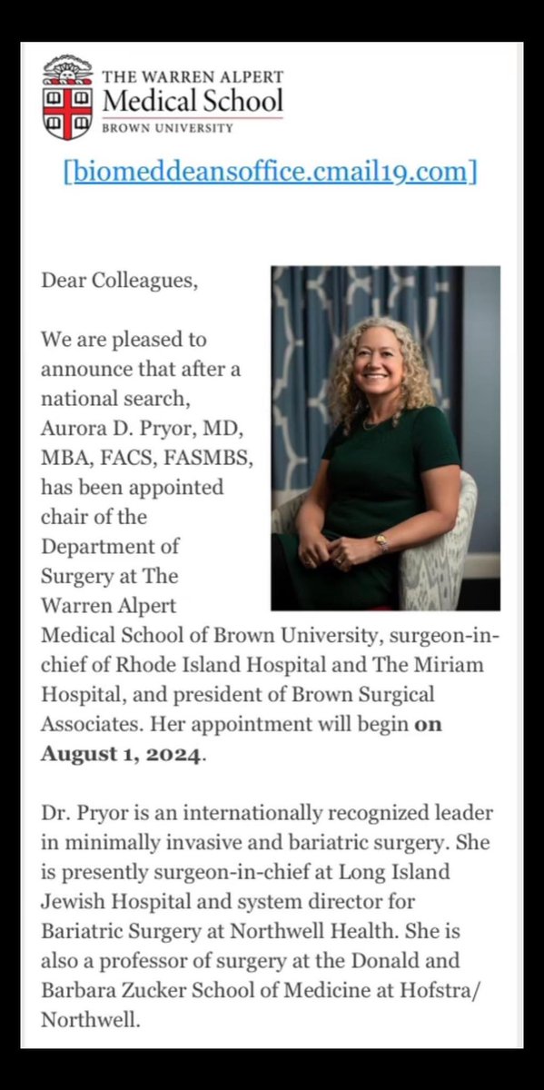 Congrats to Dr. @AuroraPryor , the new Chair of Surgery @BrownMedicine @BrownUniversity @RIHospital ! Here’s an article link about her amazing career that was published just before assuming the Presidency of @SAGES_Updates 2019-2020 stonybrookmedicine.edu/sites/default/… Grateful for all