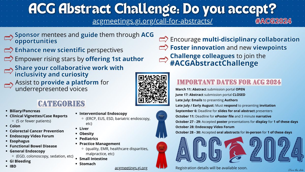 ACG (@amcollegegastro) on Twitter photo 🗓️It's time for #ACG2024 abstracts, due 6/17!
Dr. <a href="/IBD_Afzali/">Anita Afzali MD, MPH, MHCM, FACG, AGAF</a> issued the
#ACGAbstractChallenge
📍Sponsor mentees on projects
📍Enhance scientific perspectives
📍Give 1st author to rising⭐️
📍Share your work with collaboration, inclusivity, curiosity
➡️acgmeetings.gi.org⬅️ 🗓️It's time for #ACG2024 abstracts, due 6/17!
Dr. <a href="/IBD_Afzali/">Anita Afzali MD, MPH, MHCM, FACG, AGAF</a> issued the
#ACGAbstractChallenge
📍Sponsor mentees on projects
📍Enhance scientific perspectives
📍Give 1st author to rising⭐️
📍Share your work with collaboration, inclusivity, curiosity
➡️acgmeetings.gi.org⬅️