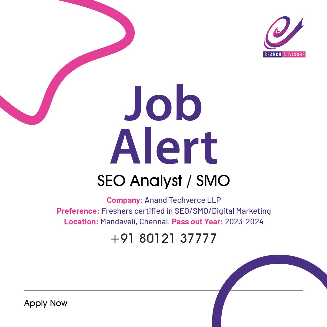 esearchadvisors's tweet photo. Are you a thriving SEO/SMO Analyst? Join the amazing team at Anand Techverce LLP and showcase your skills.
Call: +91 80121 37777
#ESearchAdvisors #JobAlert #DigitalMarketing #Hiring #Jobs #JobVacany #Career #Employment #CareerGrowth #CareerOpportunity #SEO #SMO https://t.co/IOKNfhmOj4