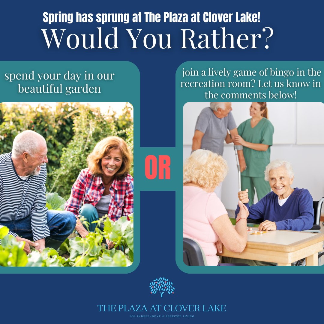 plazacloverlake's tweet image. The Plaza at Clover Lake is blooming with springtime joy! Would you prefer a relaxing day in our gorgeous garden or an exciting game of Bingo in the recreation room?🌷🌞🔢 

Let us know in the comments below!

#SpringTimeFun #GardenOrBingo #WouldYouRather