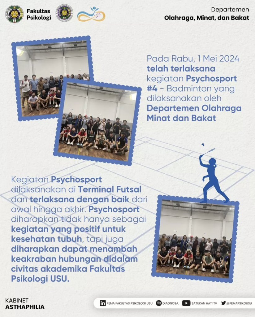 pemapsikousu's tweet photo. [TELAH TERLAKSANA]
Pada 1 Mei 2024 telah terlaksana kegiatan “Psychosport #4-Badminton" yang dilaksanakan oleh Departemen Olahraga Minat dan Bakat. Kegiatan Psychosport dilaksanakan di Terminal Futsal. https://t.co/eZriukzBIw