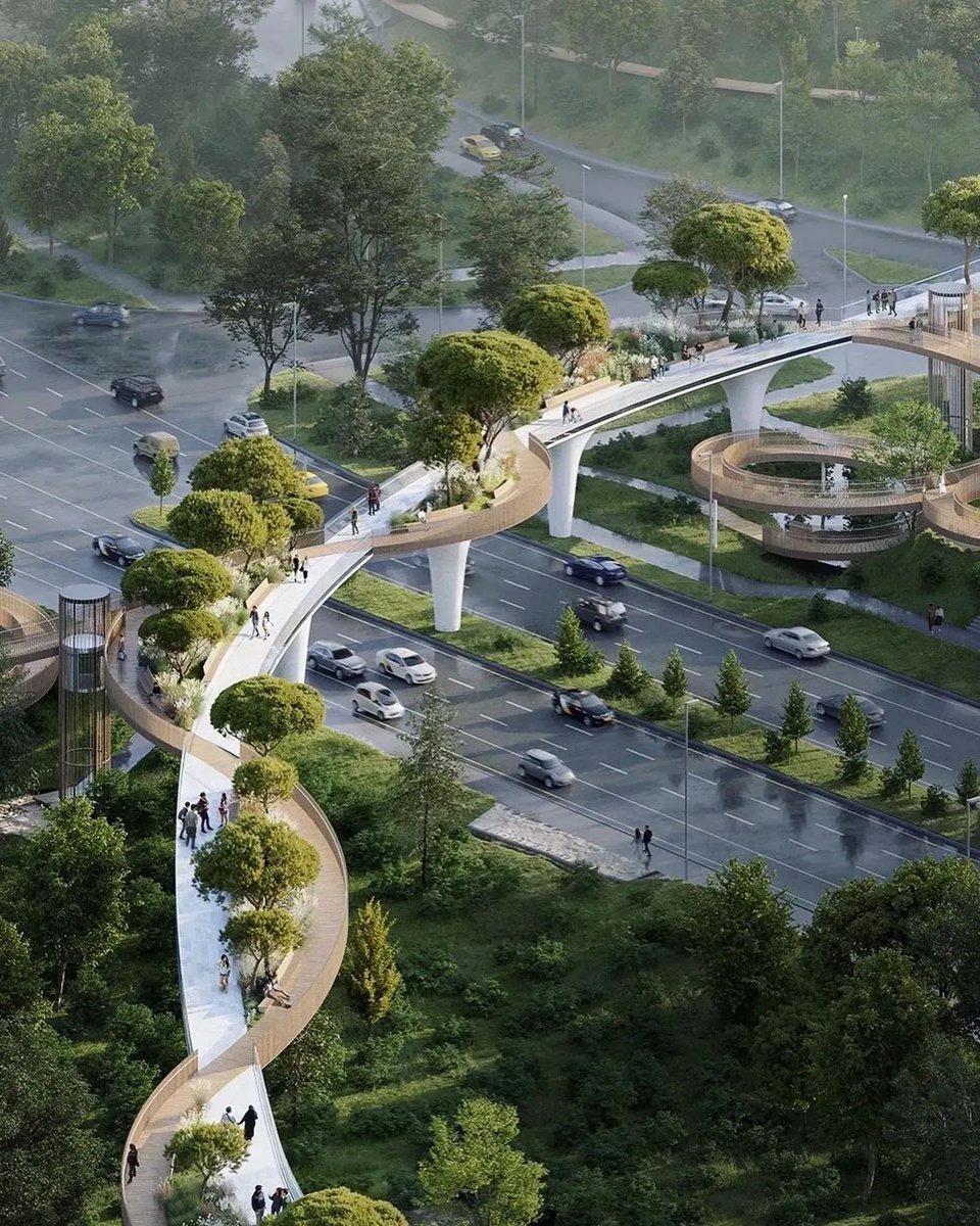 This 380-metre curving pedestrian bridge would connect two green spaces separated by a major highway in Almaty, Kazakhstan's former capital and largest city. Imagined by Atrium Architecture, the link would feature a direct route alongside a more winding alternative.