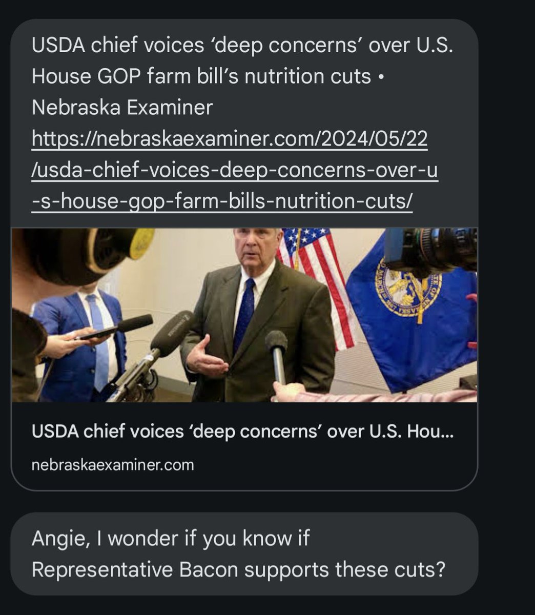 AngieLauritsen's tweet photo. Since this @NE_Examiner article was published, I have had peeps reaching out and asking me where our congressman (Bacon) is at on cutting $30 BILLION from hungry kids. 
Well. Here's a recent tweet he put out on the subject... #NE02 #NotNebraskaNice 
https://t.co/M03n1jWTYw https://t.co/6yfSxViBhV
