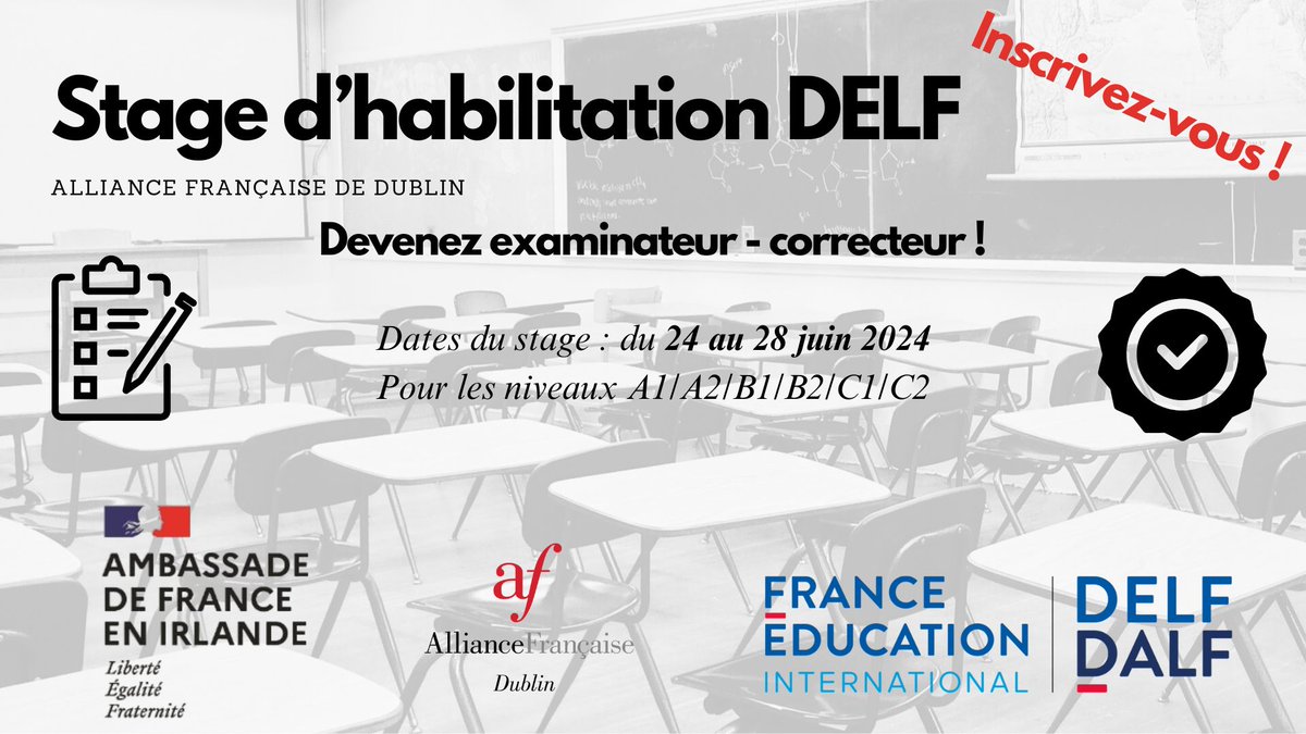 Professeurs de Français en Irlande, devenez examinateurs-correcteurs des examens DELF/DALF!
Inscrivez-vous au Stage de première habilitation proposé par <a href="/FranceinIreland/">France in Ireland 🇫🇷 🇪🇺</a> &amp; <a href="/FEI_sevres/">France Éducation international</a> à l'AF de Dublin du 24 au 28 juin 👉 ow.ly/Iv3X50RSxer