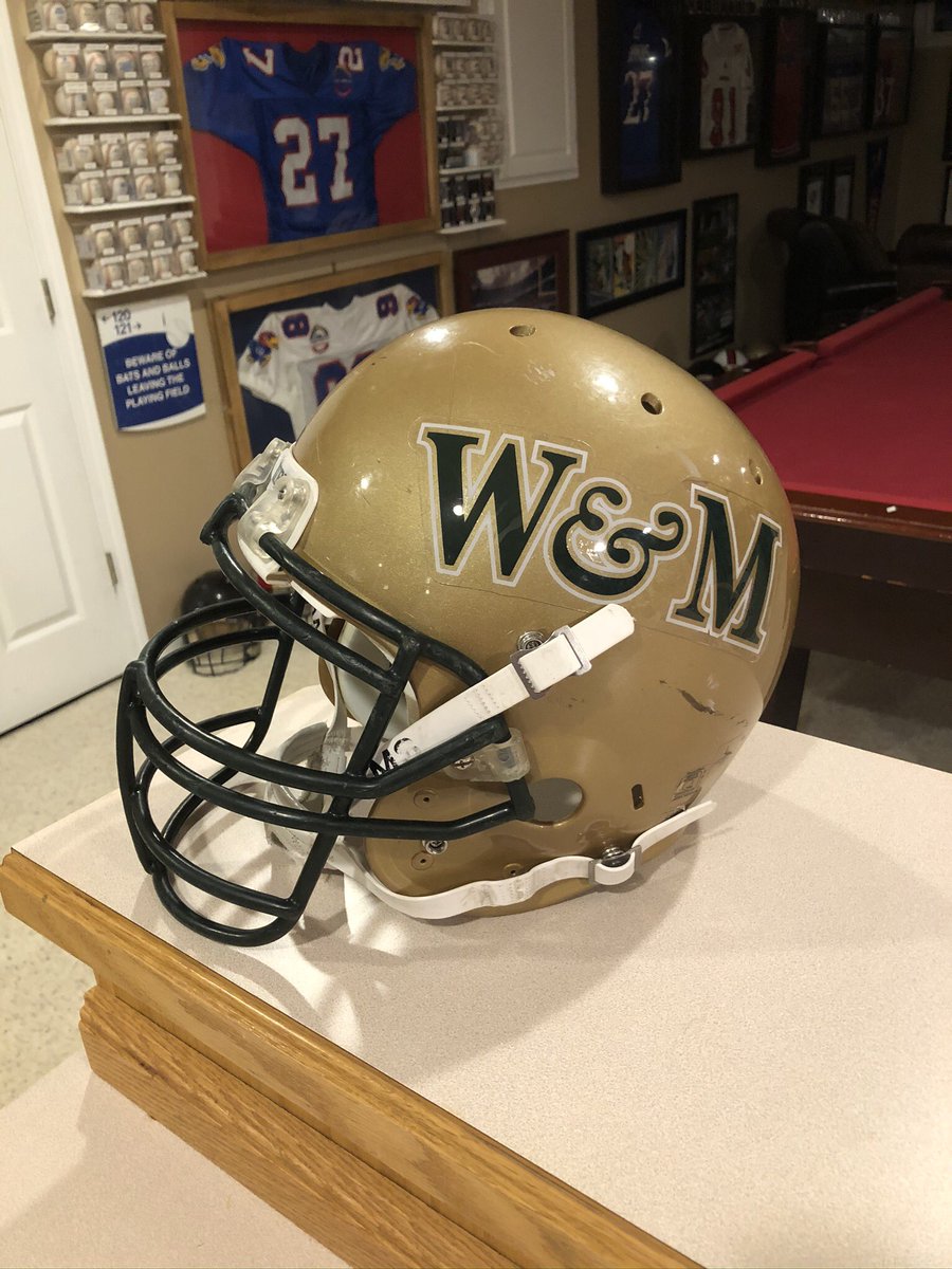 Helmet of the day #130! Throwback Thursday gives us the William and Mary Tribe! @WMTribeFootball plays @FCSNationRadio1 out of the @CAASports in Williamsburg VA! The Tribe wears a green metallic now, which is sharp! @MattMullins210 should like this one!