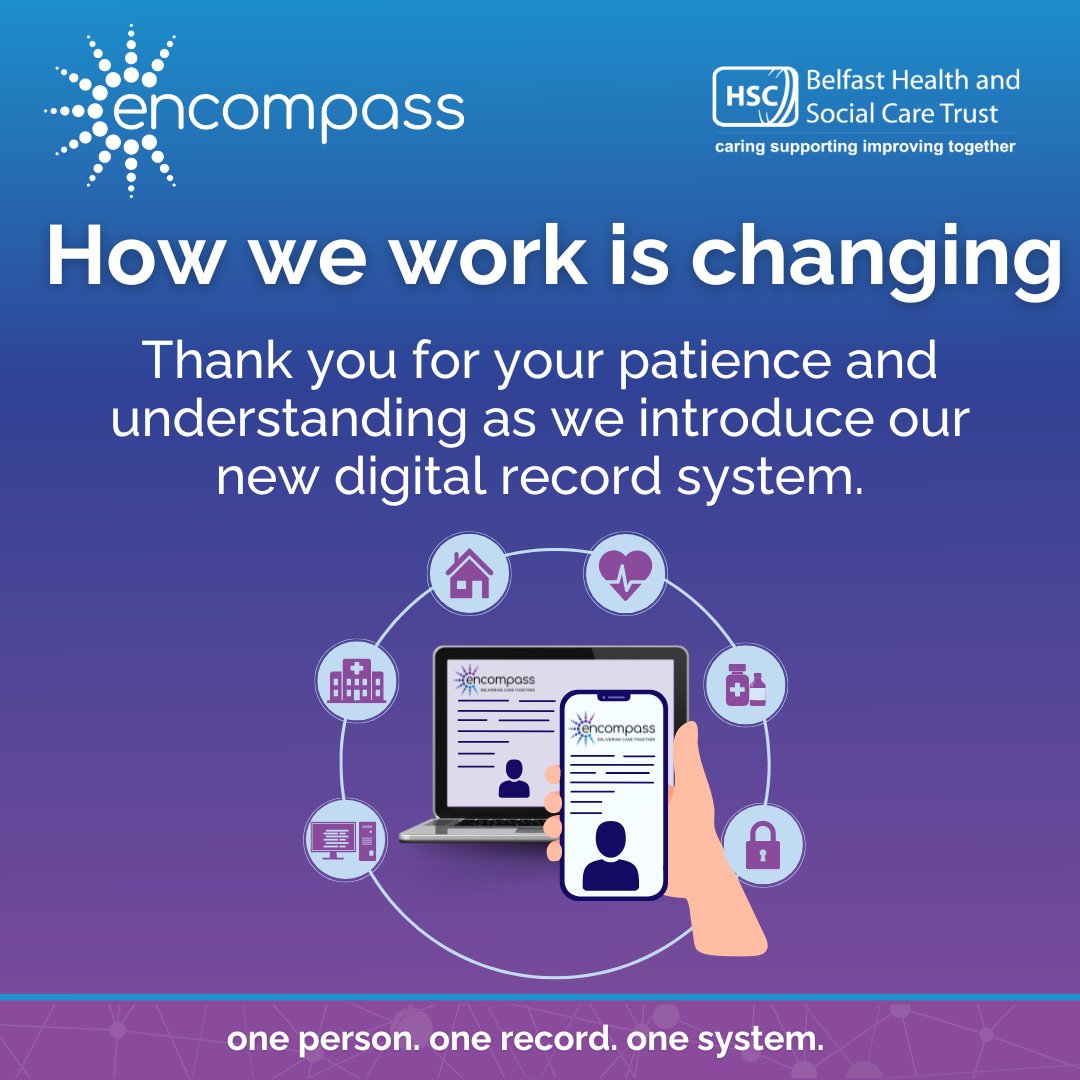 As we launch encompass, our staff will be adjusting to the new digital system and you may notice more activity across our sites. To help you as a patient, service user or visitor, we have informative signage, and staff may answer any questions. Visit: bit.ly/3wOM9Go