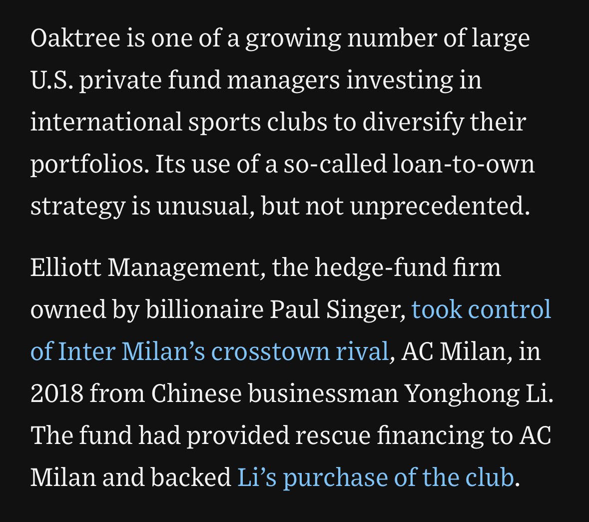 The “loan-to-own” strategy / Oaktree Capital Takes Control of Inter Milan, Italy’s Soccer Champions wsj.com/finance/invest…