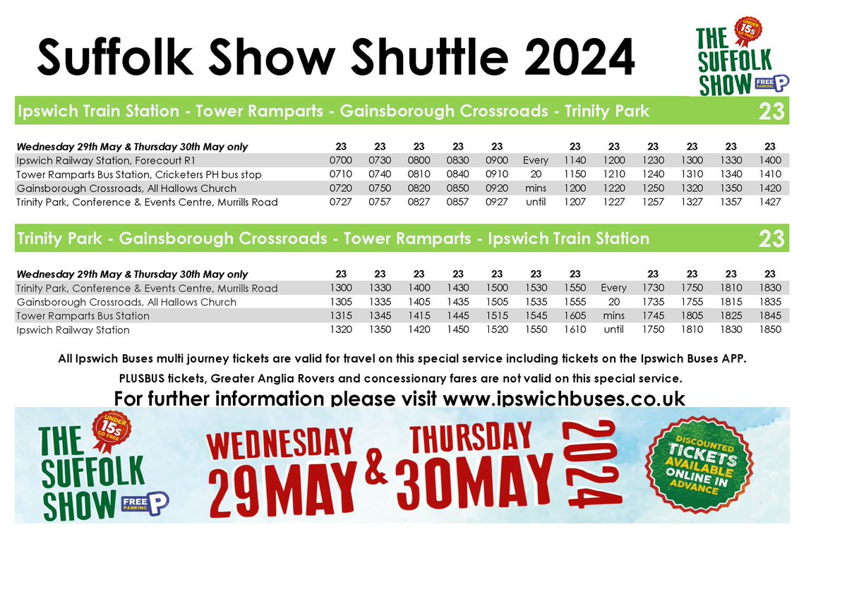 🐄SUFFOLK SHOW SHUTTLE🐎 The Suffolk Show is back and is promising to be the best show yet, taking place on Wednesday 29th and Thursday 30th May 2024 at Trinity Park, Ipswich. Our service 23 will be operating again to & from the Showground See below👇 for times of buses